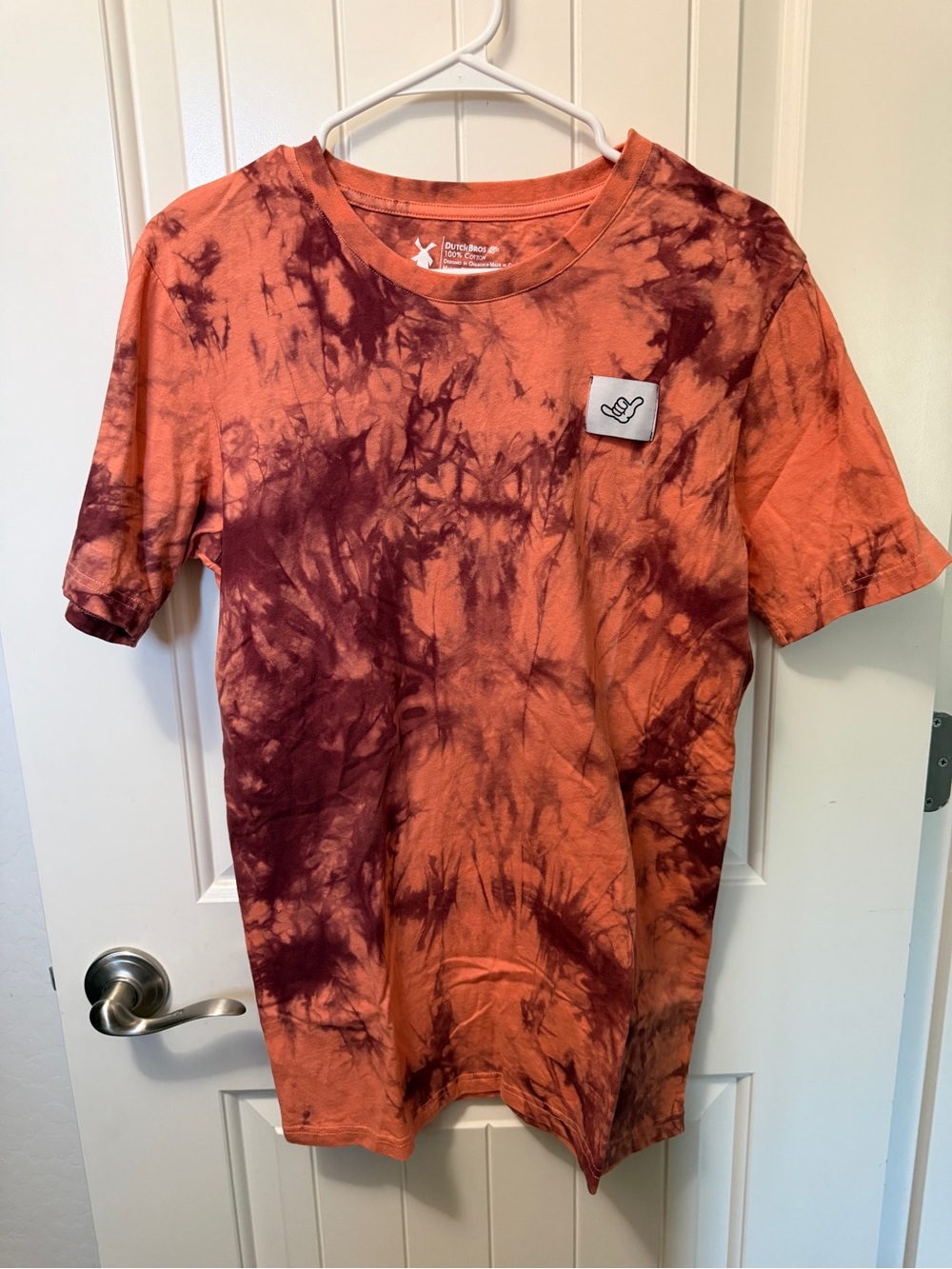 Dutch Bros Orange & Burgundy Tie-Dye Tee with Shaka Patch